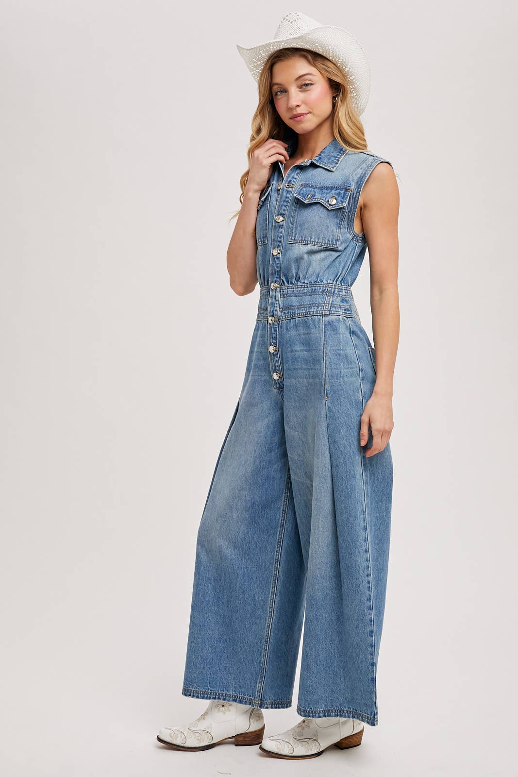 DENIM SLEEVELESS SHIRT JUMPSUIT