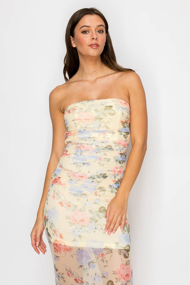 Edit by Nine FLORAL PRINTED MESH SHIRRED MIDI DRESS