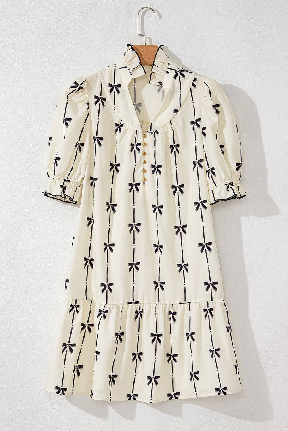 Lovesoft - Beige Cute Bowknot Printed Bubble Sleeve V Neck Mini Dress