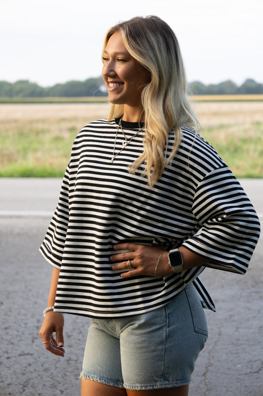 3/4 length sleeve black and white striped bow shirt!