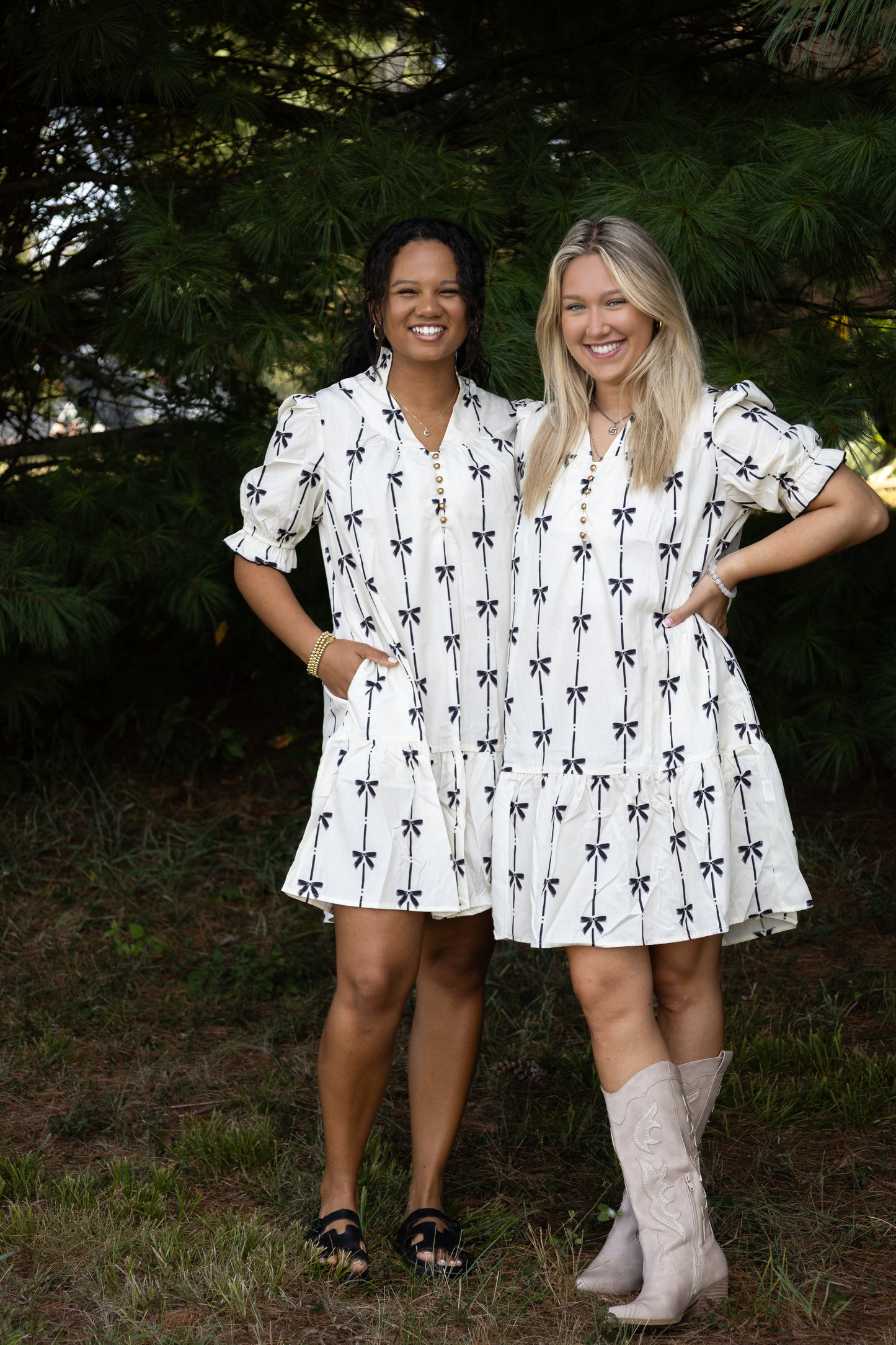 Lovesoft - Beige Cute Bowknot Printed Bubble Sleeve V Neck Mini Dress