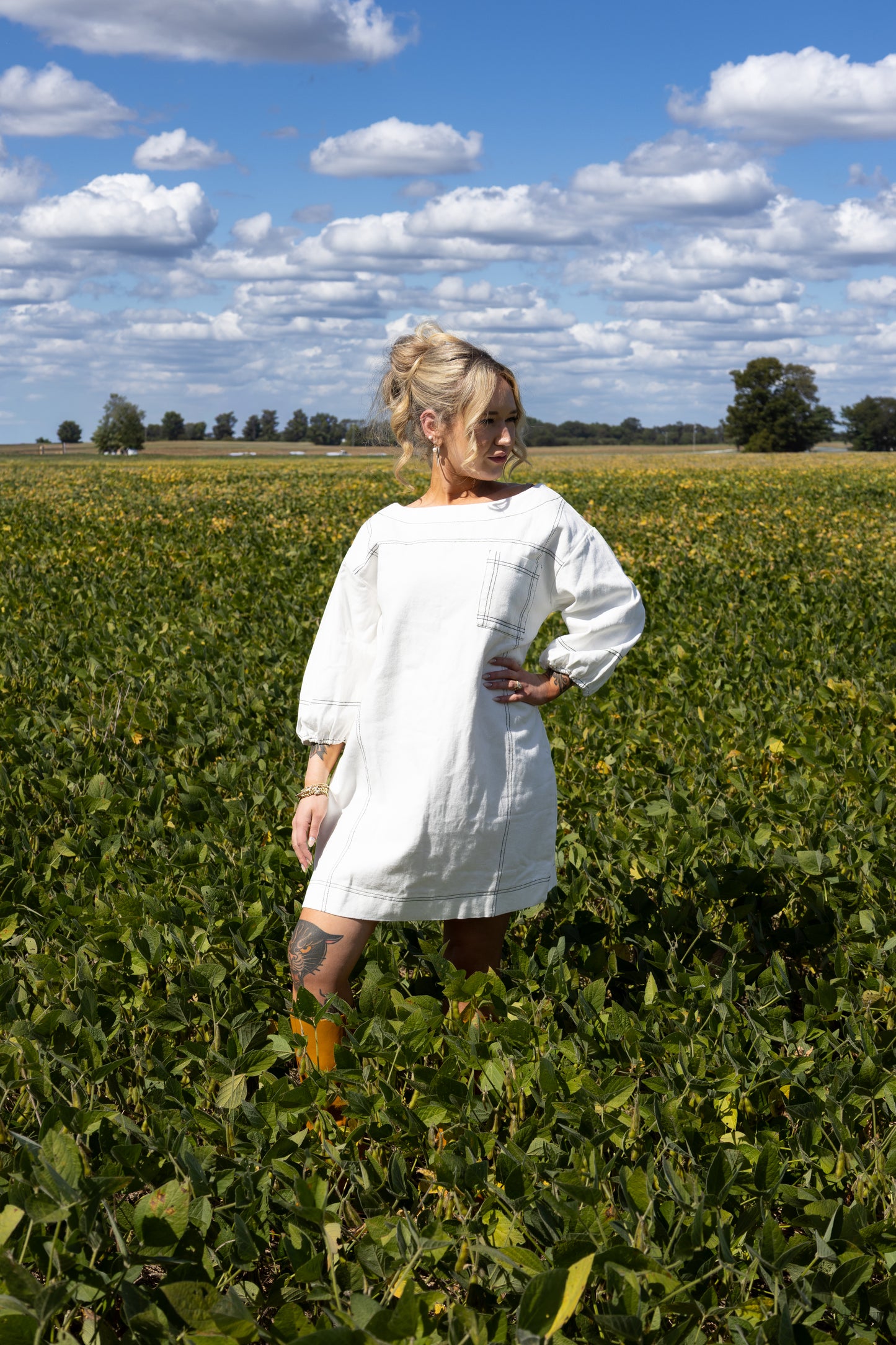DENIM MINI DRESS WITH BOAT SLEEVES AND PUFF SLEEVES