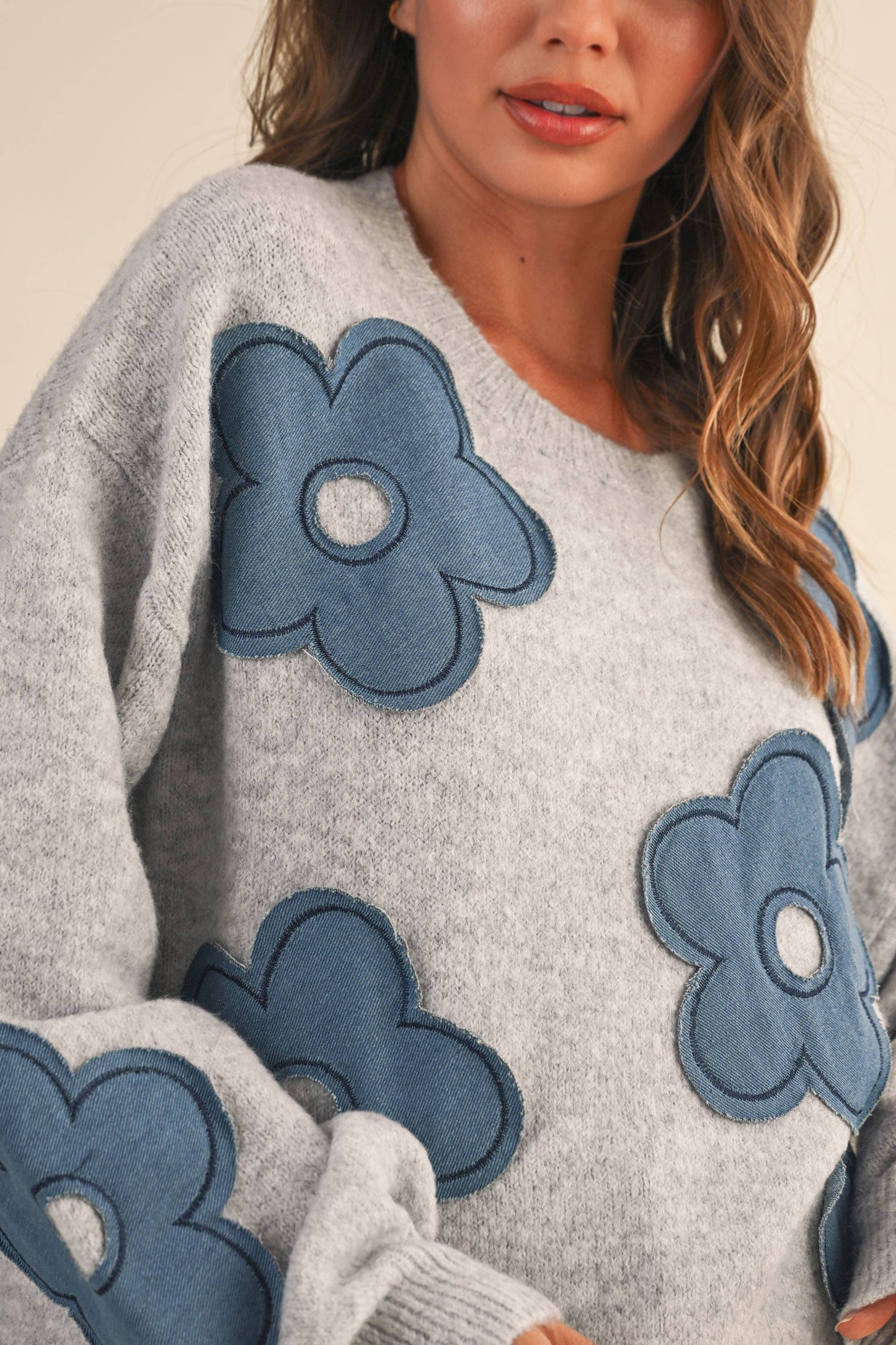 Klesis - DENIM FLORAL CONTRAST KNIT SWEATER TOP