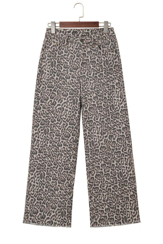 Brown Leopard Frayed Edge Wide Leg High Waist Jeans