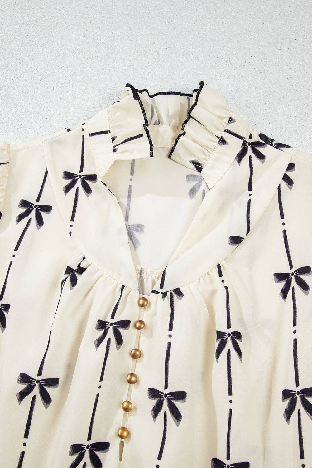 Lovesoft - Beige Cute Bowknot Printed Bubble Sleeve V Neck Mini Dress