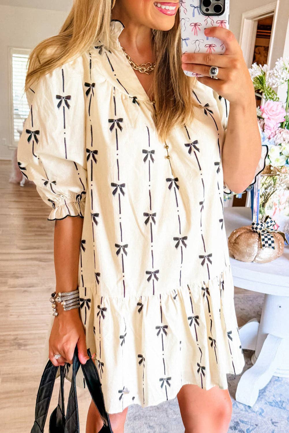 Lovesoft - Beige Cute Bowknot Printed Bubble Sleeve V Neck Mini Dress