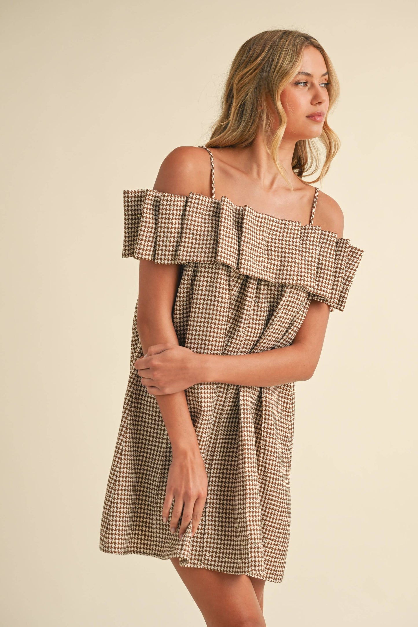 Klesis -SEQUINS HOUNDSTOOTH PLEATED OFF SHOULDER DRESS