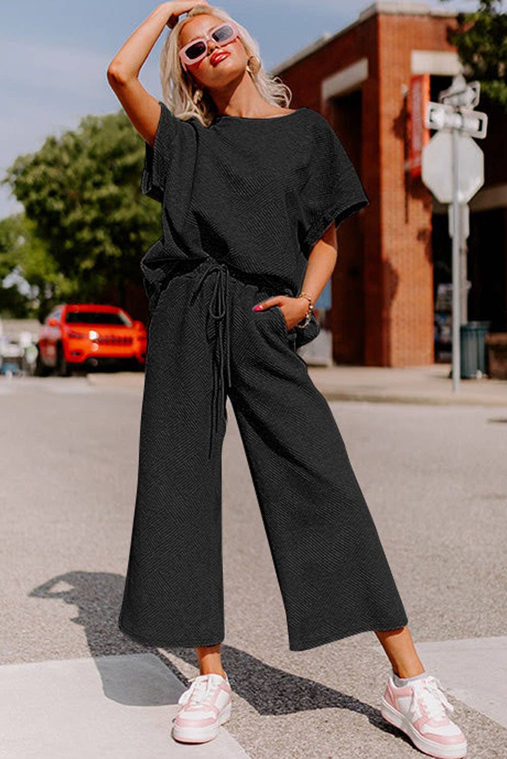 Navy Blue Textured Loose Fit Shirt and Drawstring Pants Set