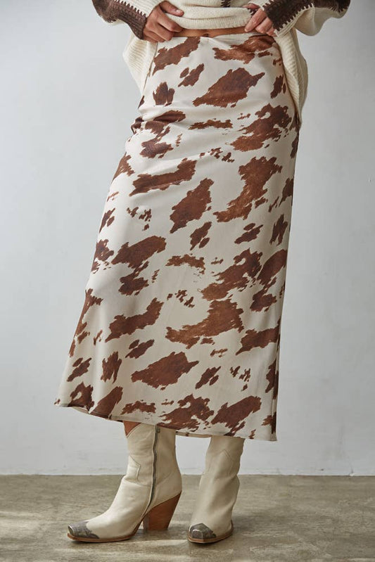 By Together -  Woven Cow Print Satin Midi Skirt