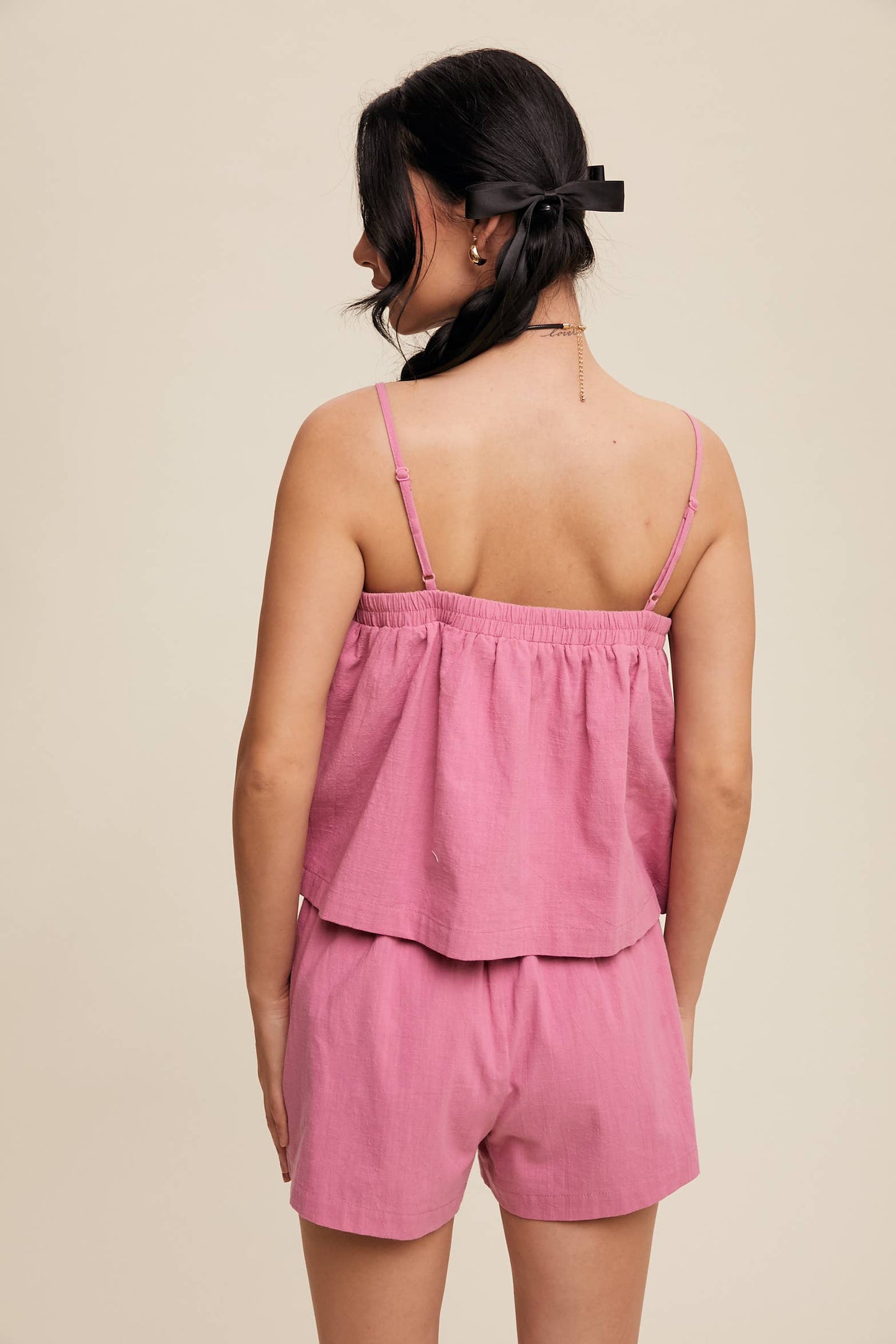Listicle - Bow-Tie Spaghetti Strap Top and Pocket Shorts Set
