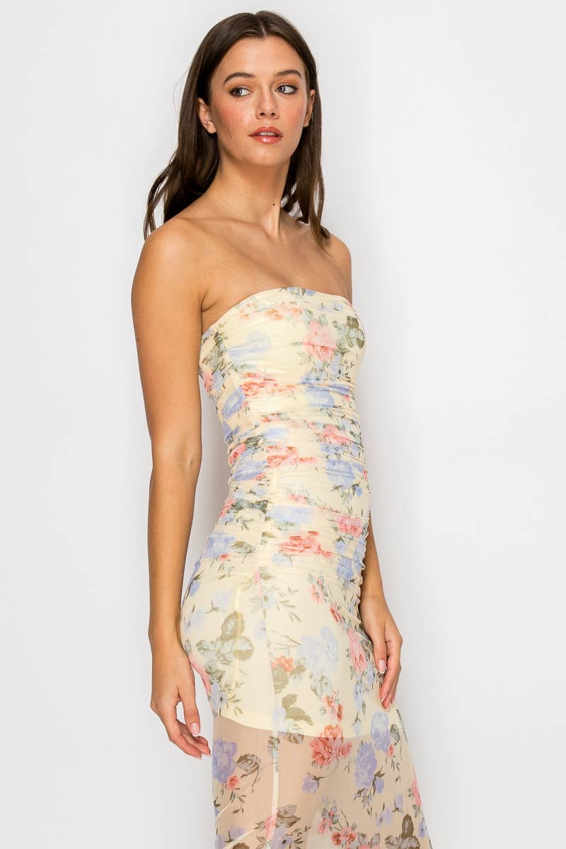 Edit by Nine FLORAL PRINTED MESH SHIRRED MIDI DRESS
