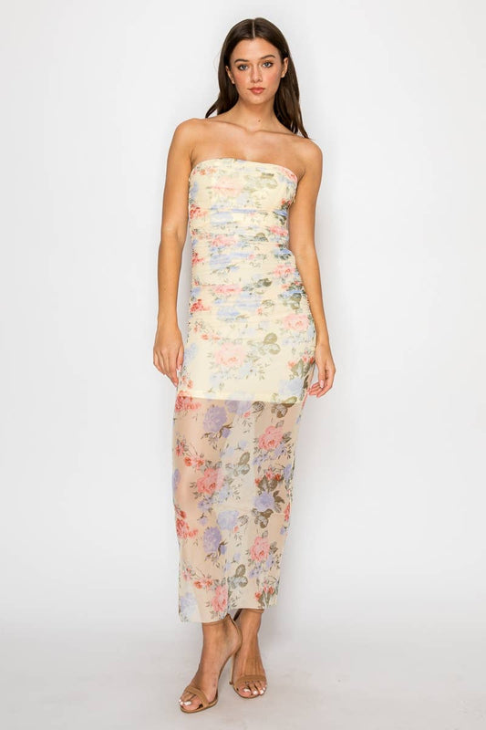 Edit by Nine FLORAL PRINTED MESH SHIRRED MIDI DRESS