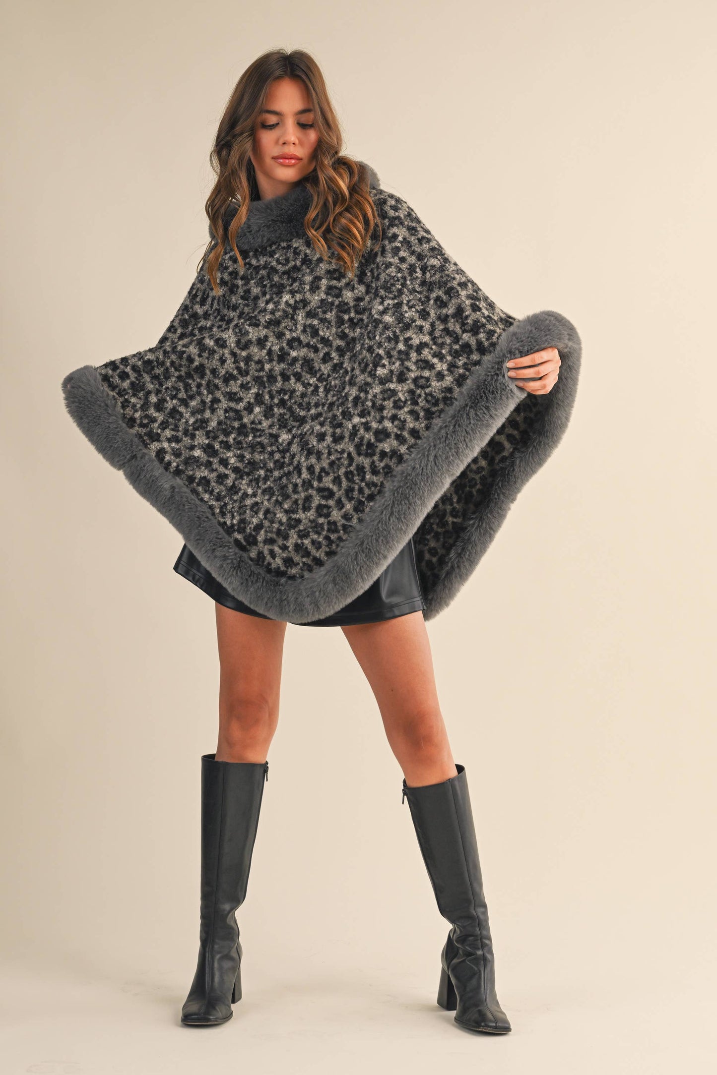 FAUX FUR LEOPARD PRINTED PONCHO- LOVE