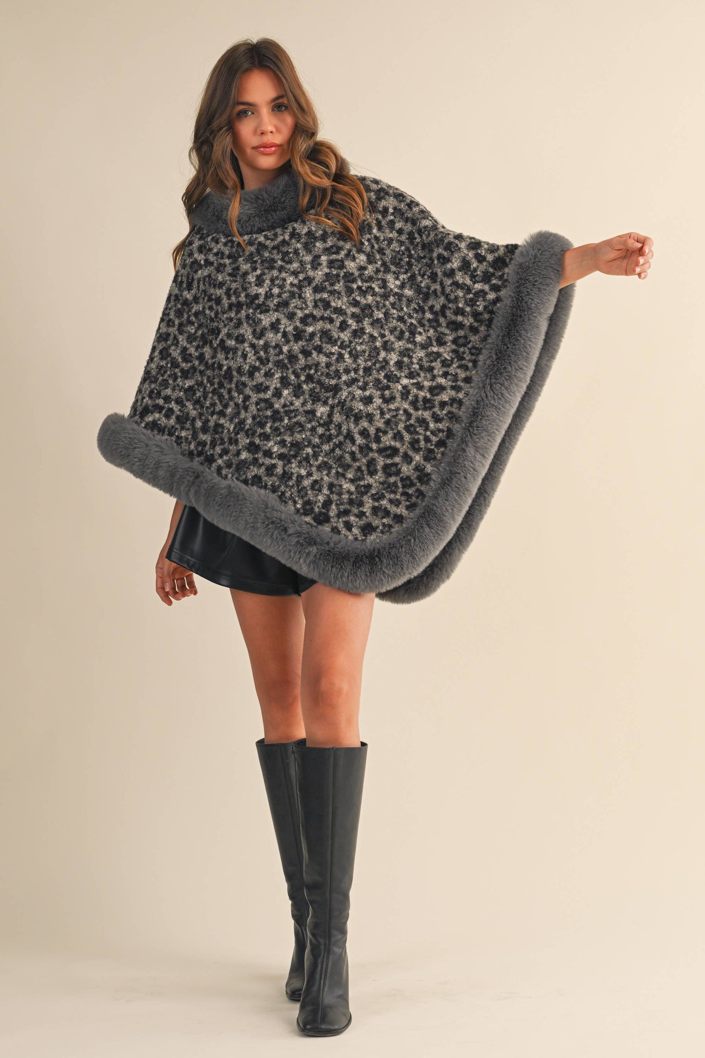 FAUX FUR LEOPARD PRINTED PONCHO- LOVE