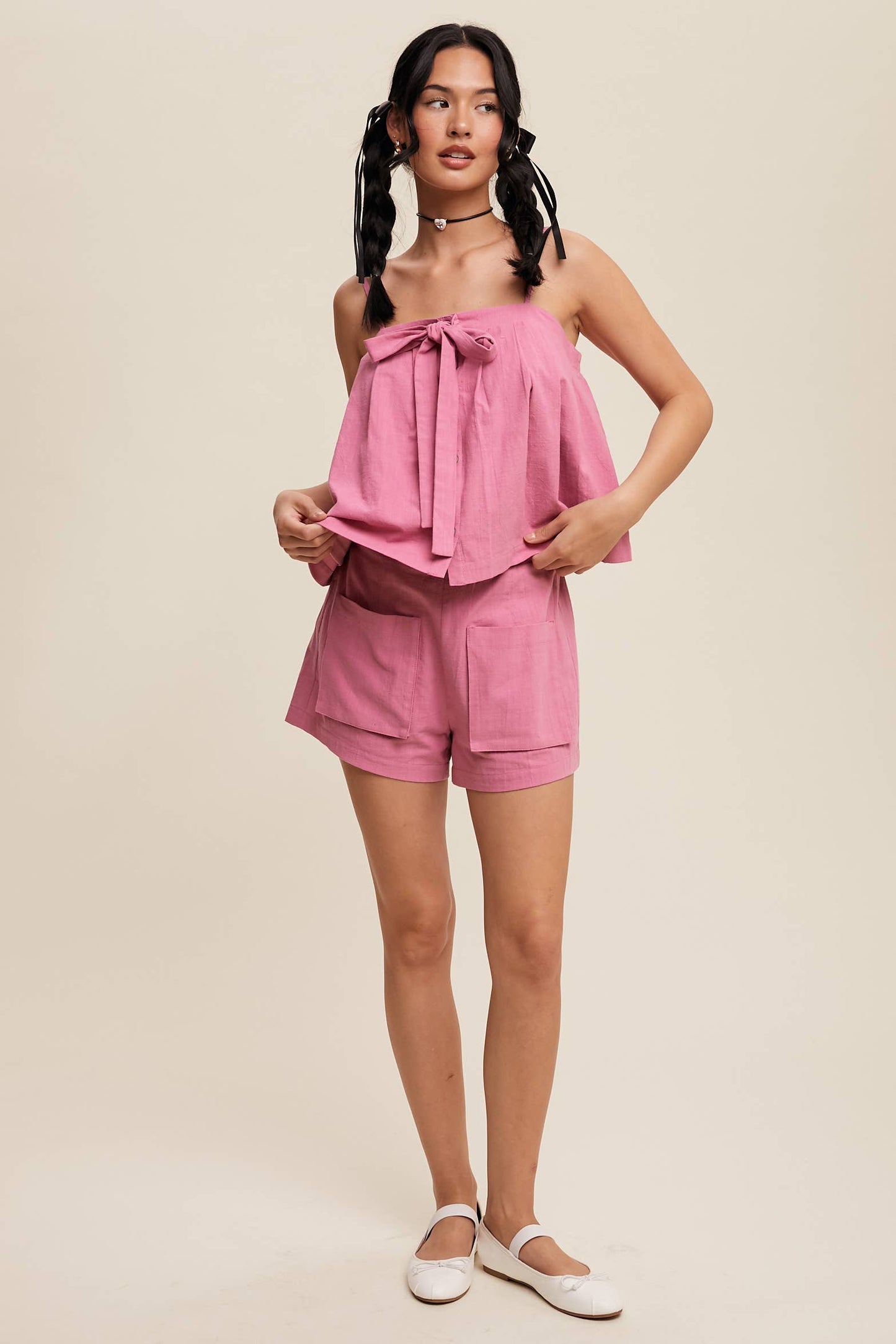 Listicle - Bow-Tie Spaghetti Strap Top and Pocket Shorts Set