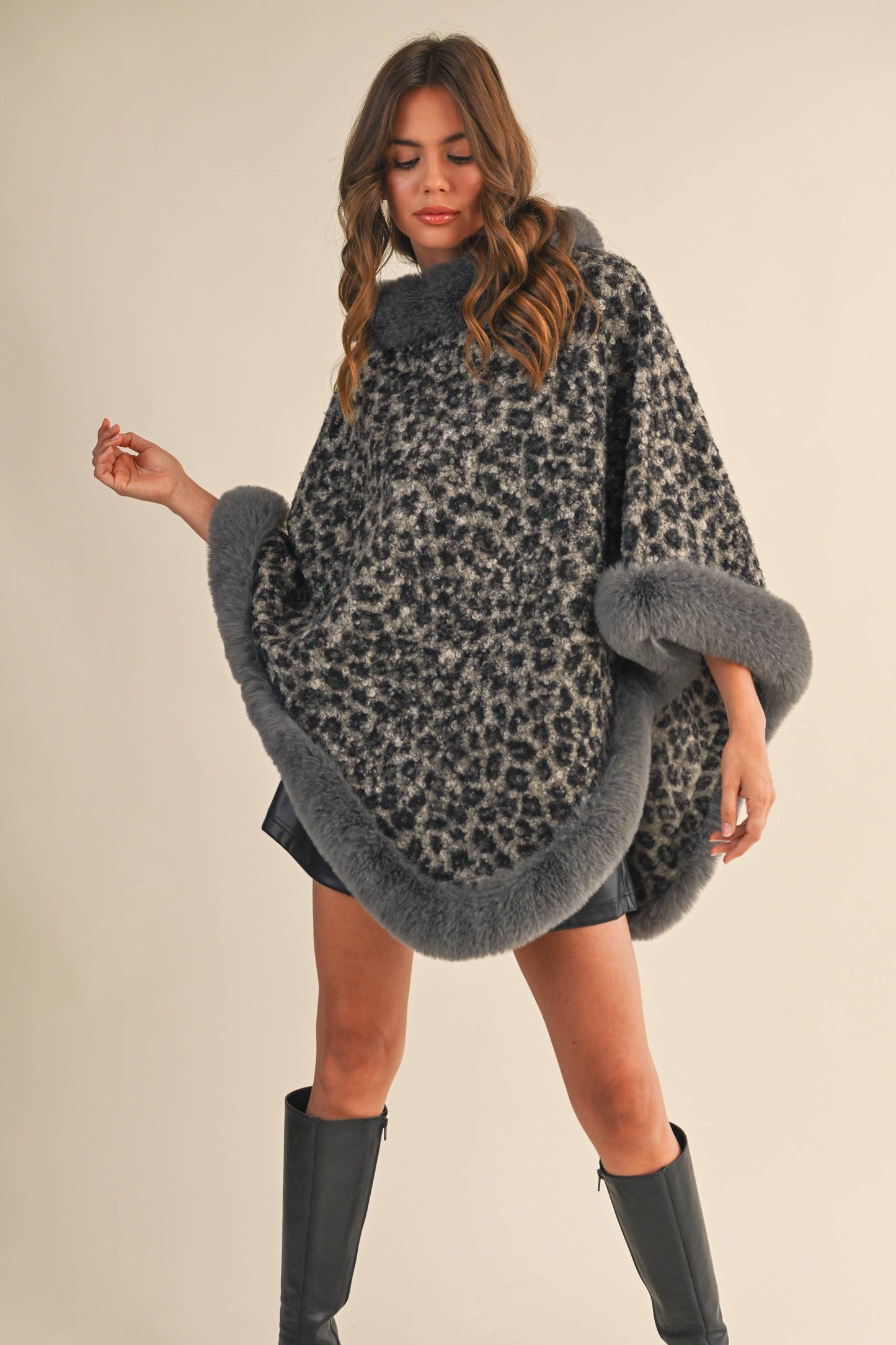 FAUX FUR LEOPARD PRINTED PONCHO- LOVE