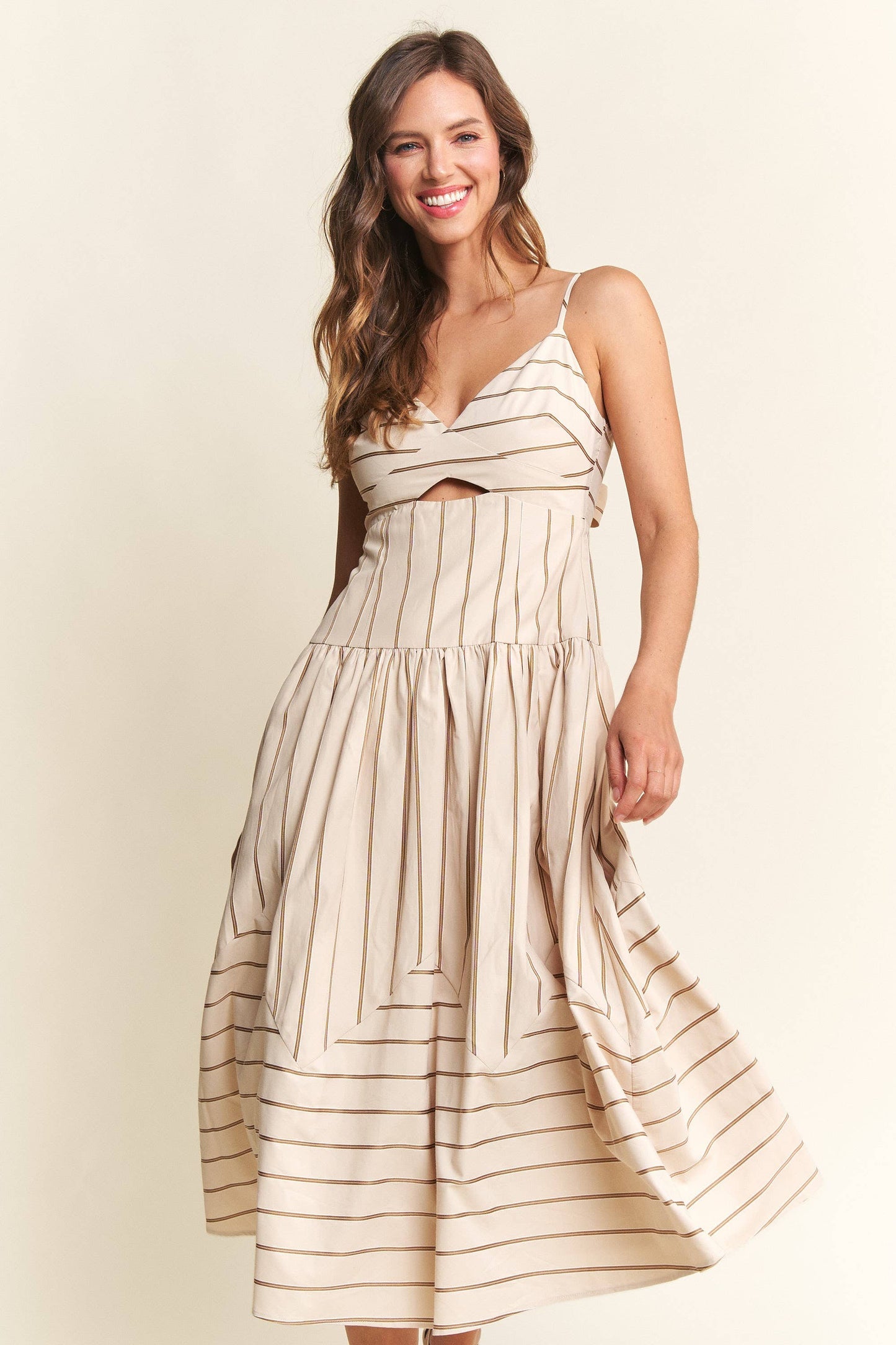 In The Beginning - Beige Soleil Striped Midi Dress
