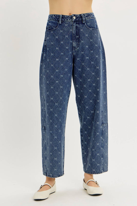 idem ditto - ELEVATED WASHED DENIM BARREL PANTS IN BOW-TEXTURED DETAIL