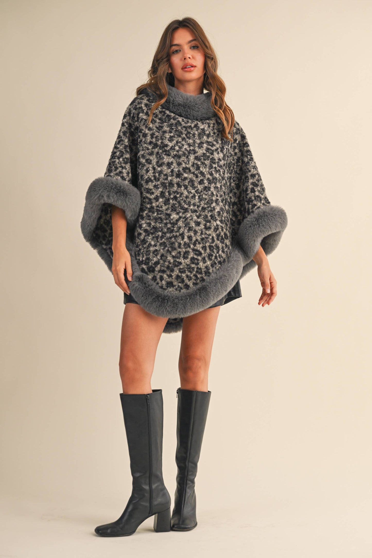 FAUX FUR LEOPARD PRINTED PONCHO- LOVE