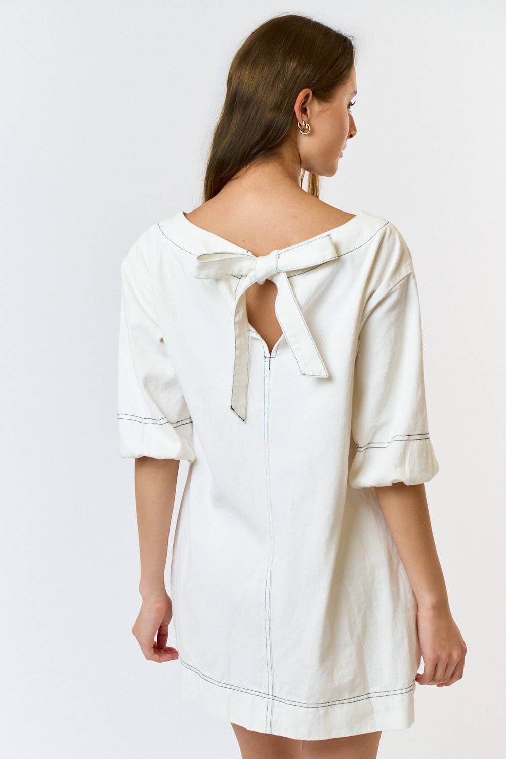 DENIM MINI DRESS WITH BOAT SLEEVES AND PUFF SLEEVES