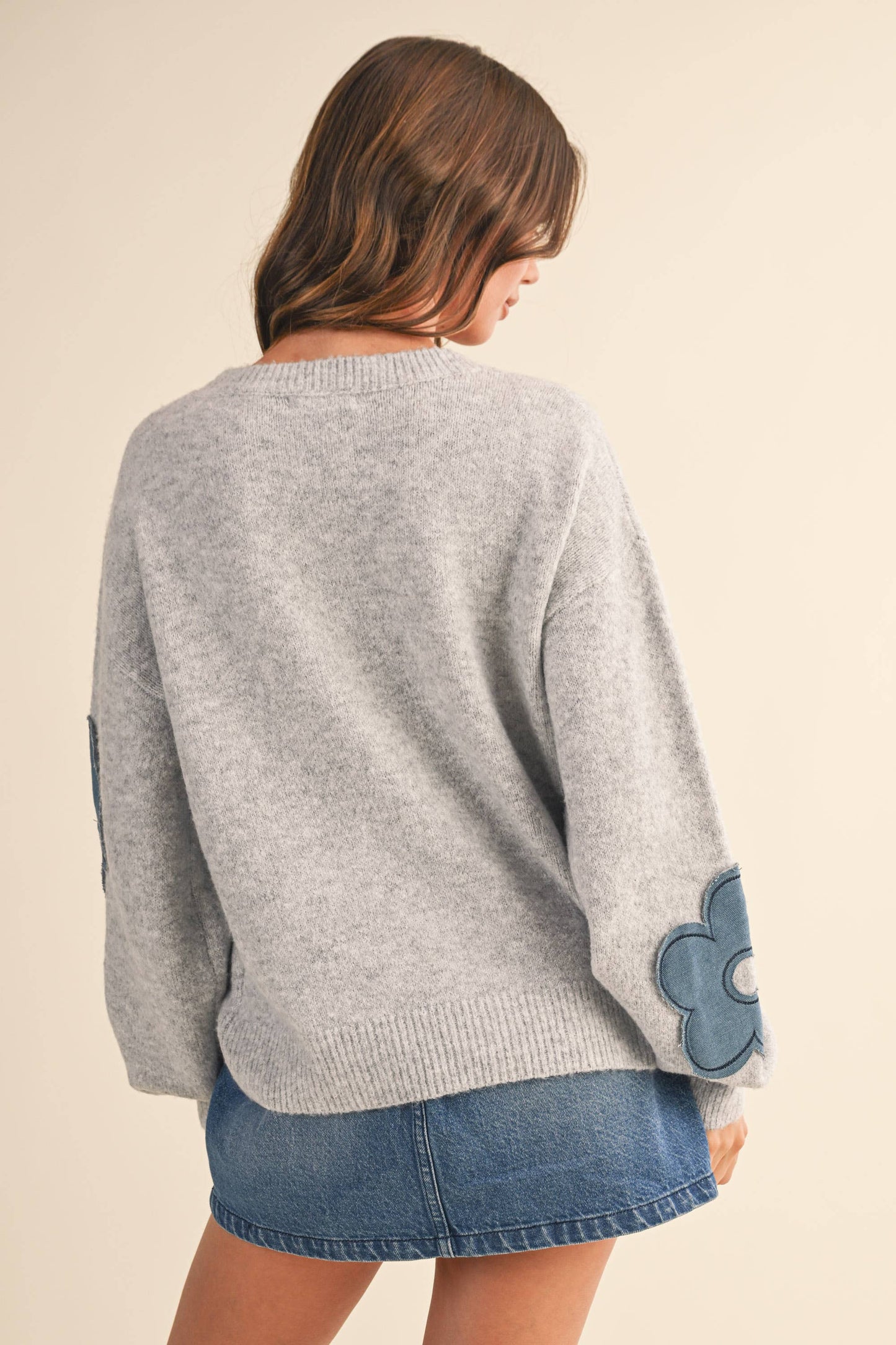 Klesis - DENIM FLORAL CONTRAST KNIT SWEATER TOP