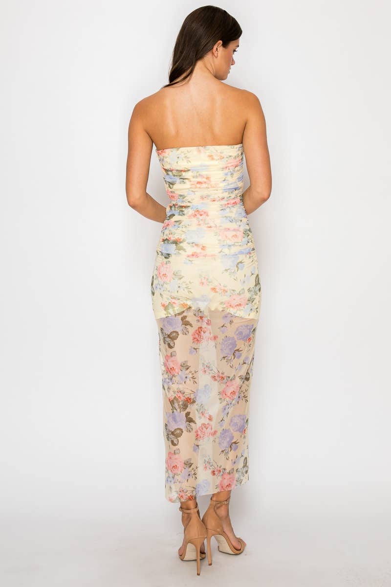 Edit by Nine FLORAL PRINTED MESH SHIRRED MIDI DRESS