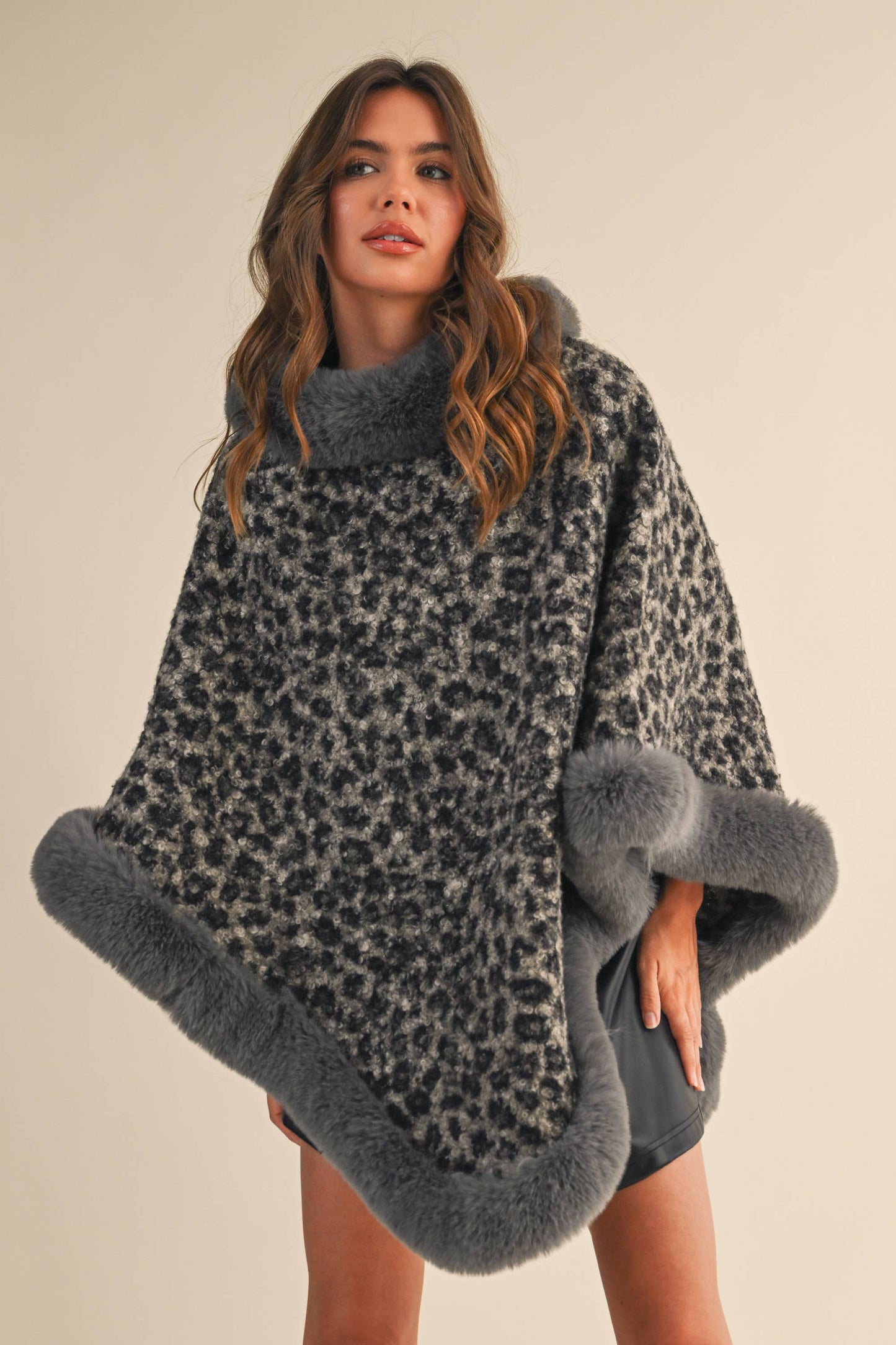 FAUX FUR LEOPARD PRINTED PONCHO- LOVE