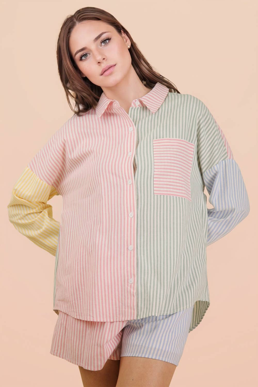 Stripe Color Block Shirt Top & Shorts Set