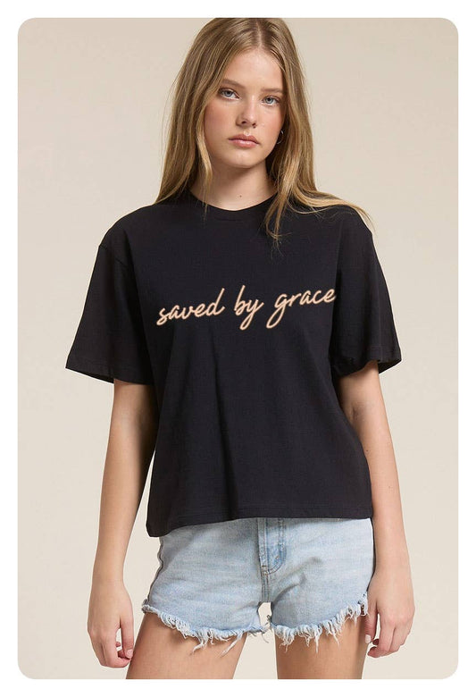 Zutter - PUFF' Saved By Grace' Graphic Premium Cotton Faux Crop Tee