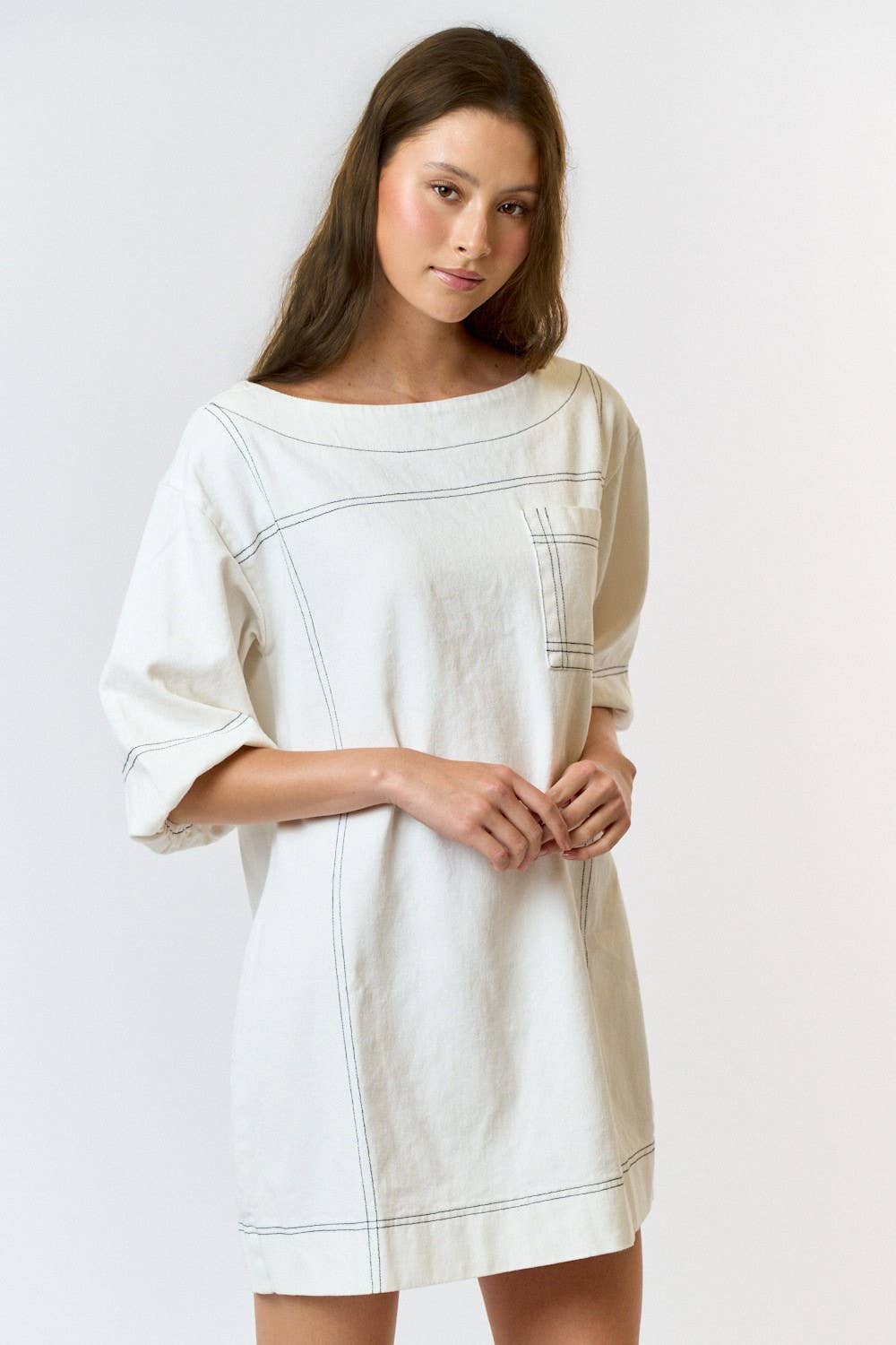 DENIM MINI DRESS WITH BOAT SLEEVES AND PUFF SLEEVES