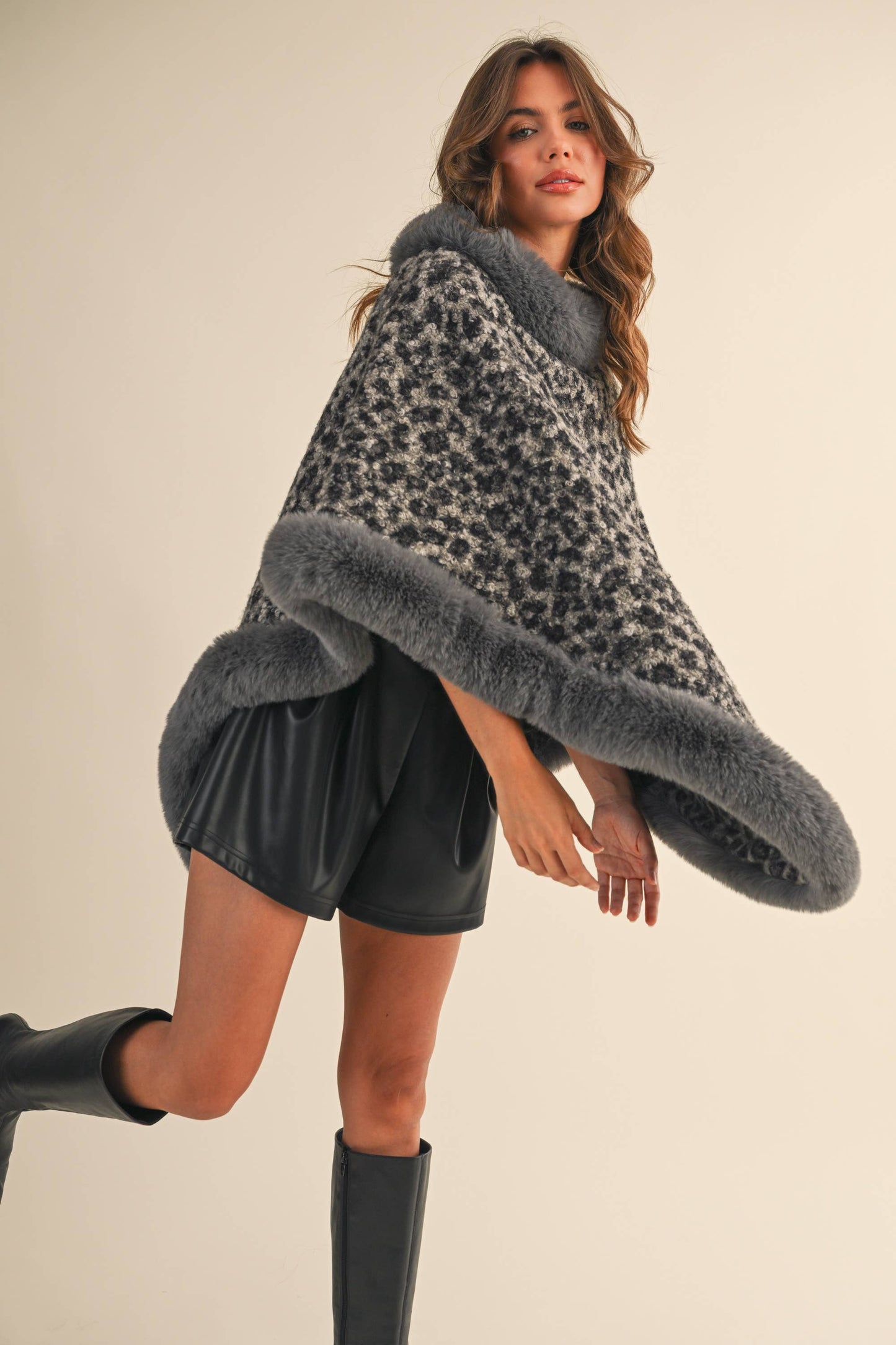 FAUX FUR LEOPARD PRINTED PONCHO- LOVE