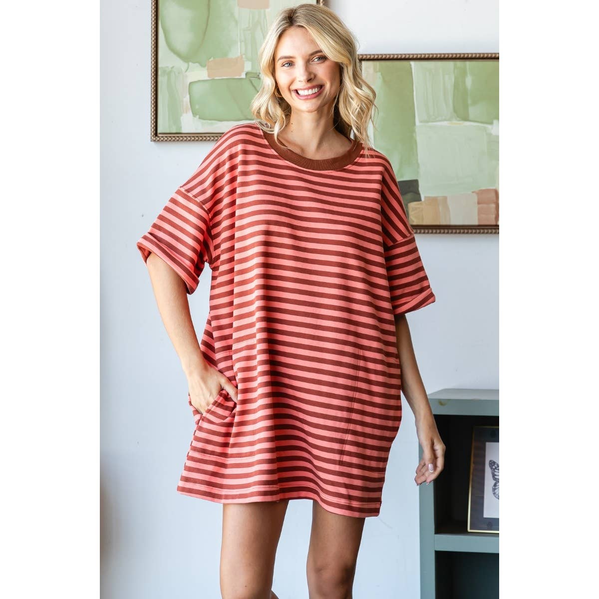 Veveret - Stripe Knit Pullover Oversized Tee Dress