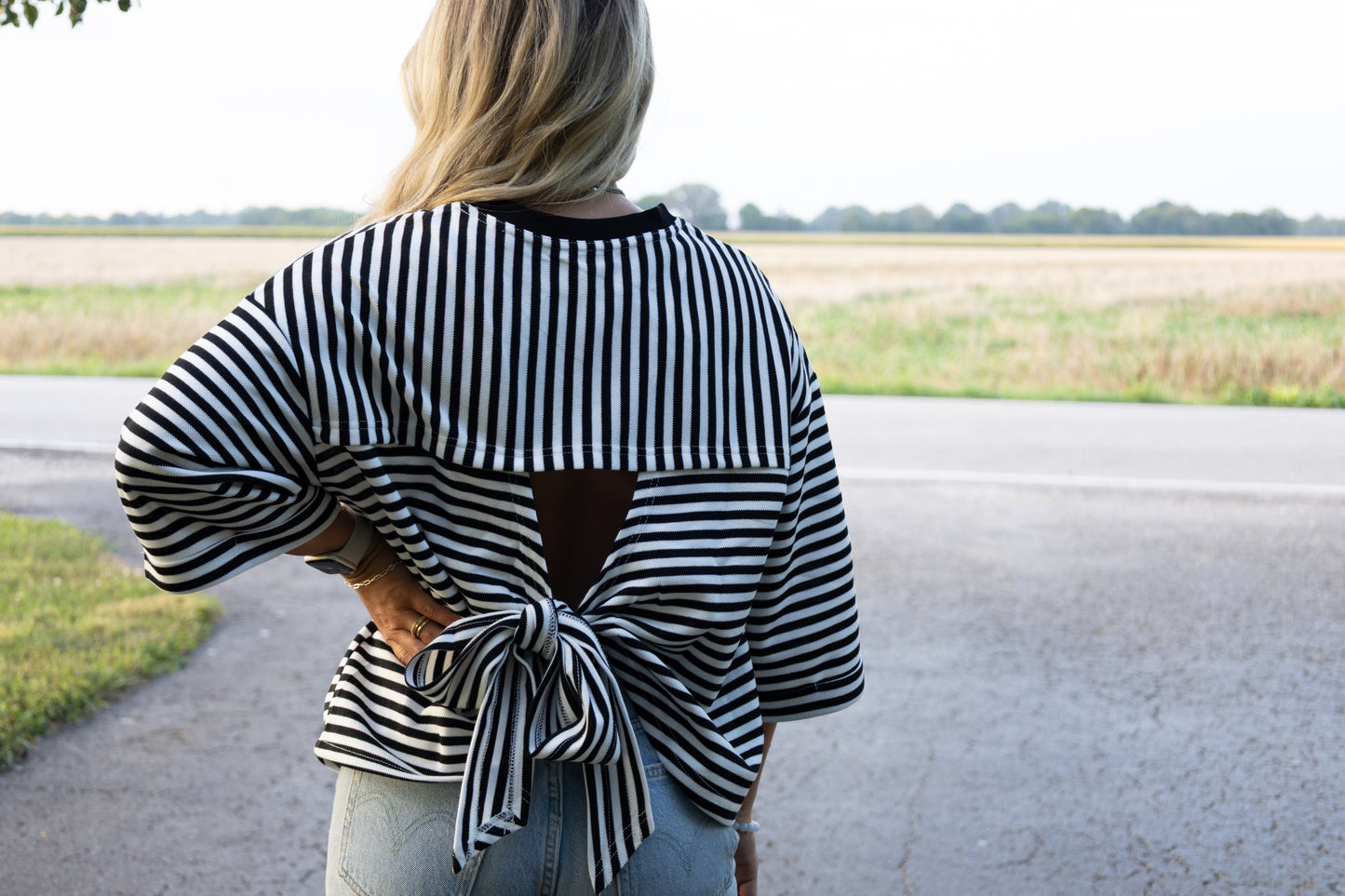 3/4 length sleeve black and white striped bow shirt!