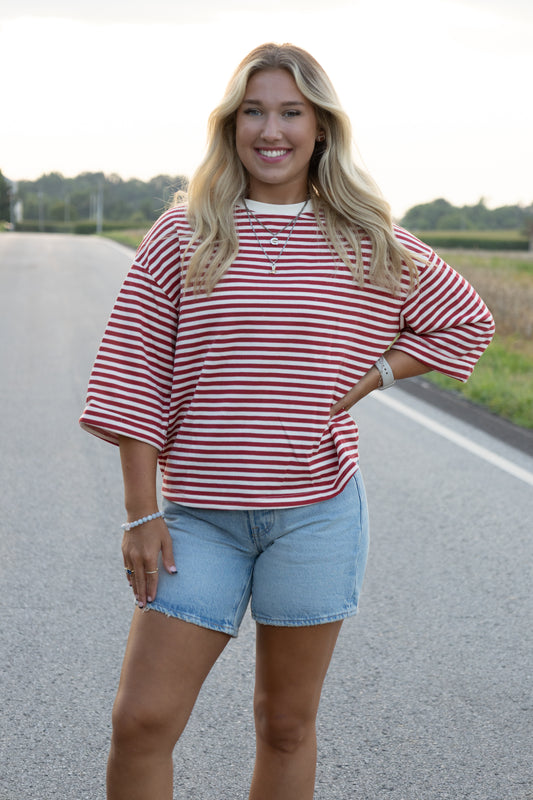 Red and White Striped 3/4 length top with bow