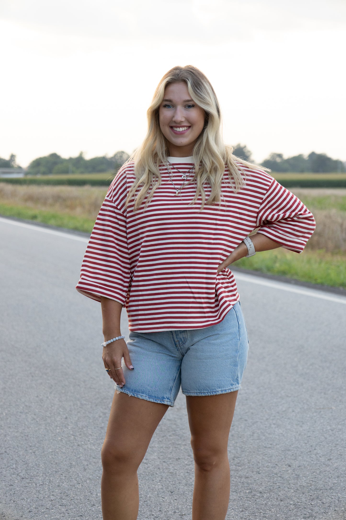 Red and White Striped 3/4 length top with bow