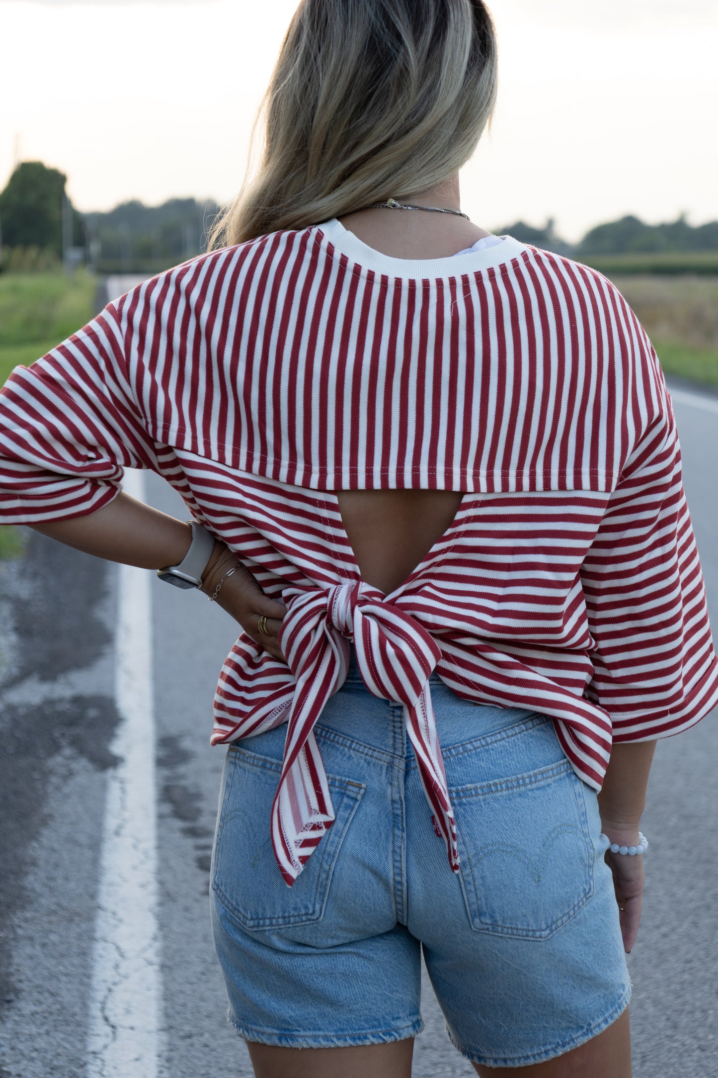 Red and White Striped 3/4 length top with bow