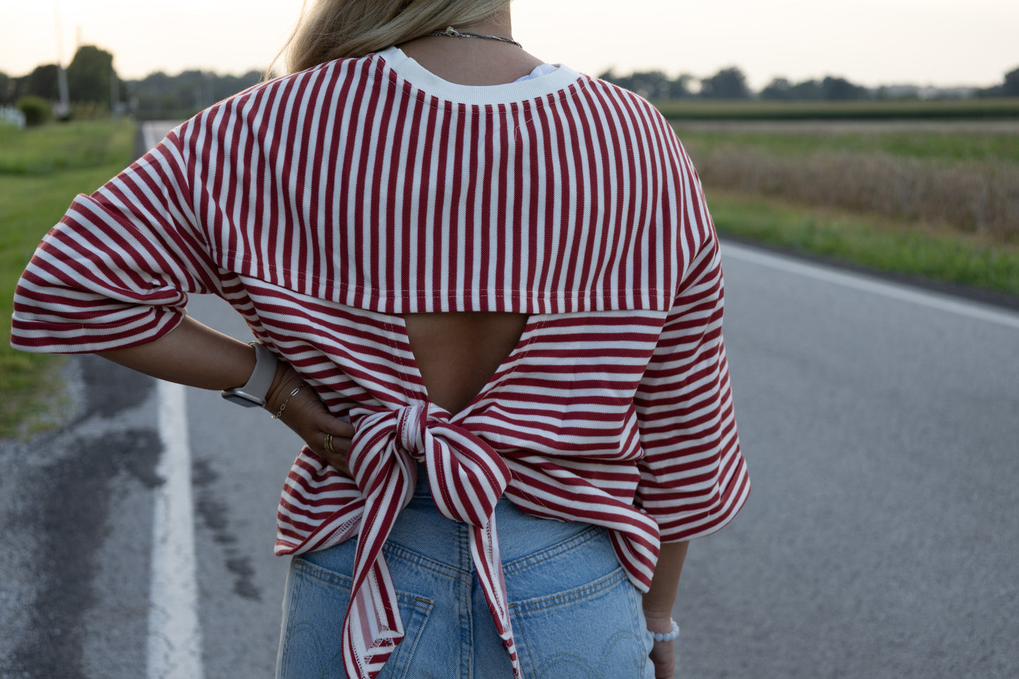 Red and White Striped 3/4 length top with bow