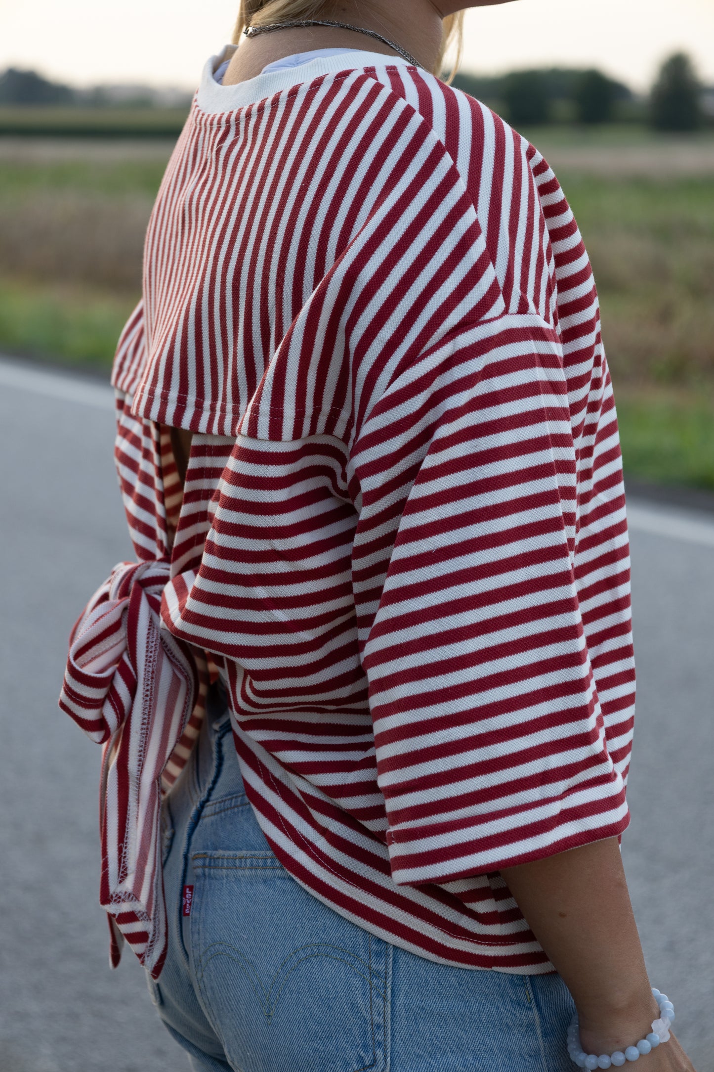 Red and White Striped 3/4 length top with bow