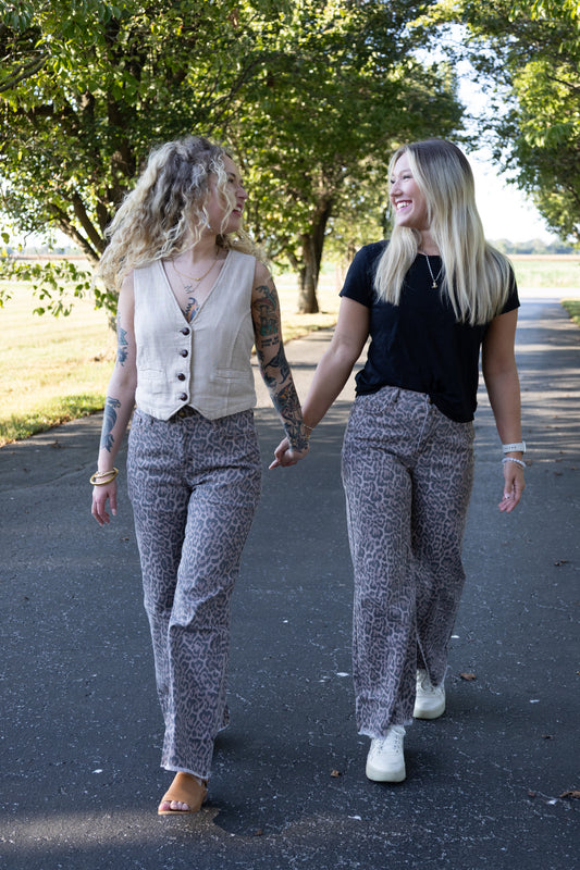 Brown Leopard Frayed Edge Wide Leg High Waist Jeans