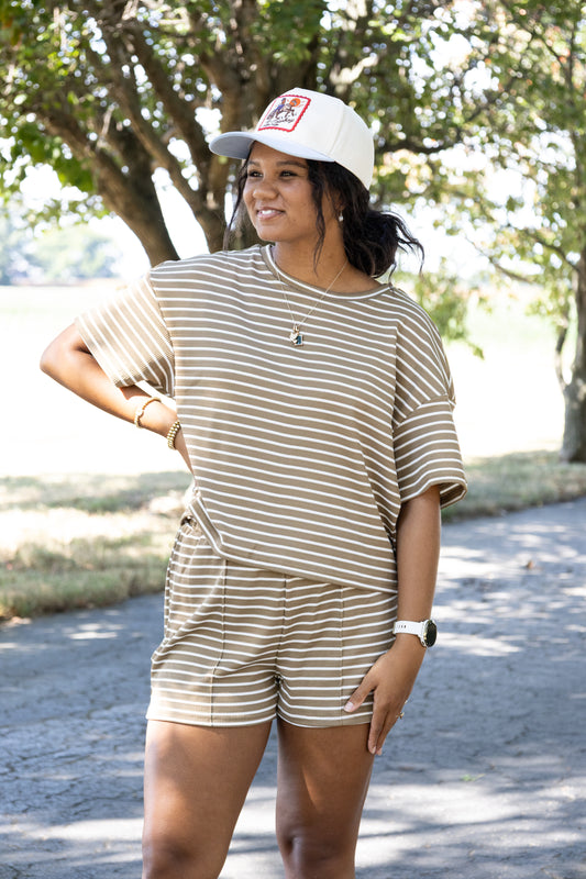 Striped Round Neck Short Sleeve Top and Shorts Set
