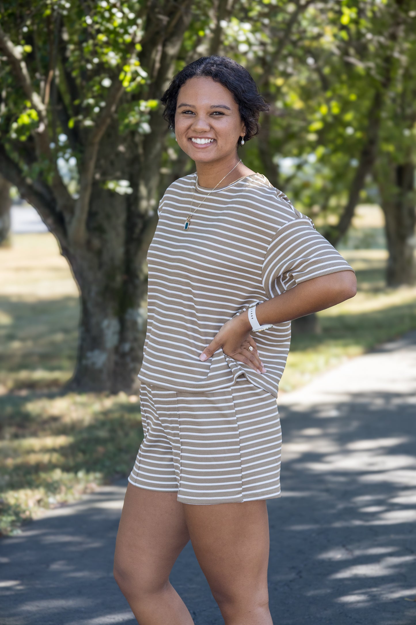 Striped Round Neck Short Sleeve Top and Shorts Set