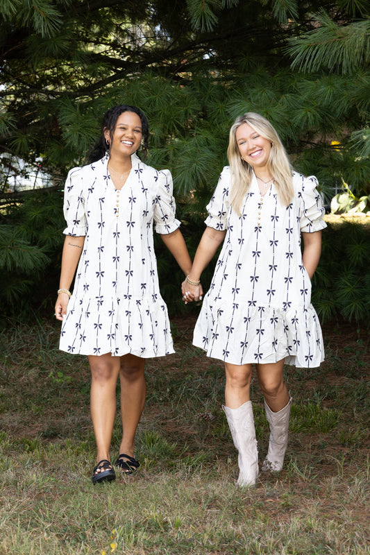 Lovesoft - Beige Cute Bowknot Printed Bubble Sleeve V Neck Mini Dress