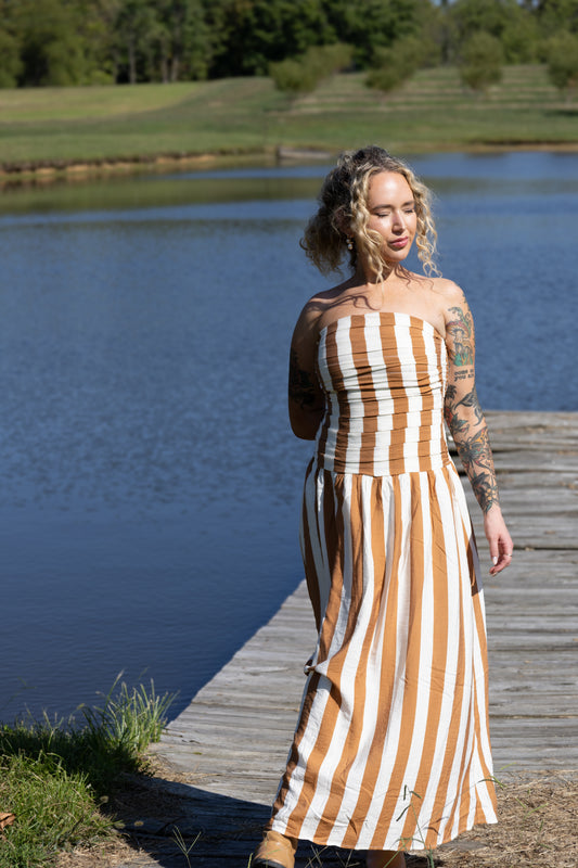 Moon River - VERTICAL STRIPE STRAPLESS MIDI DRESS TAN