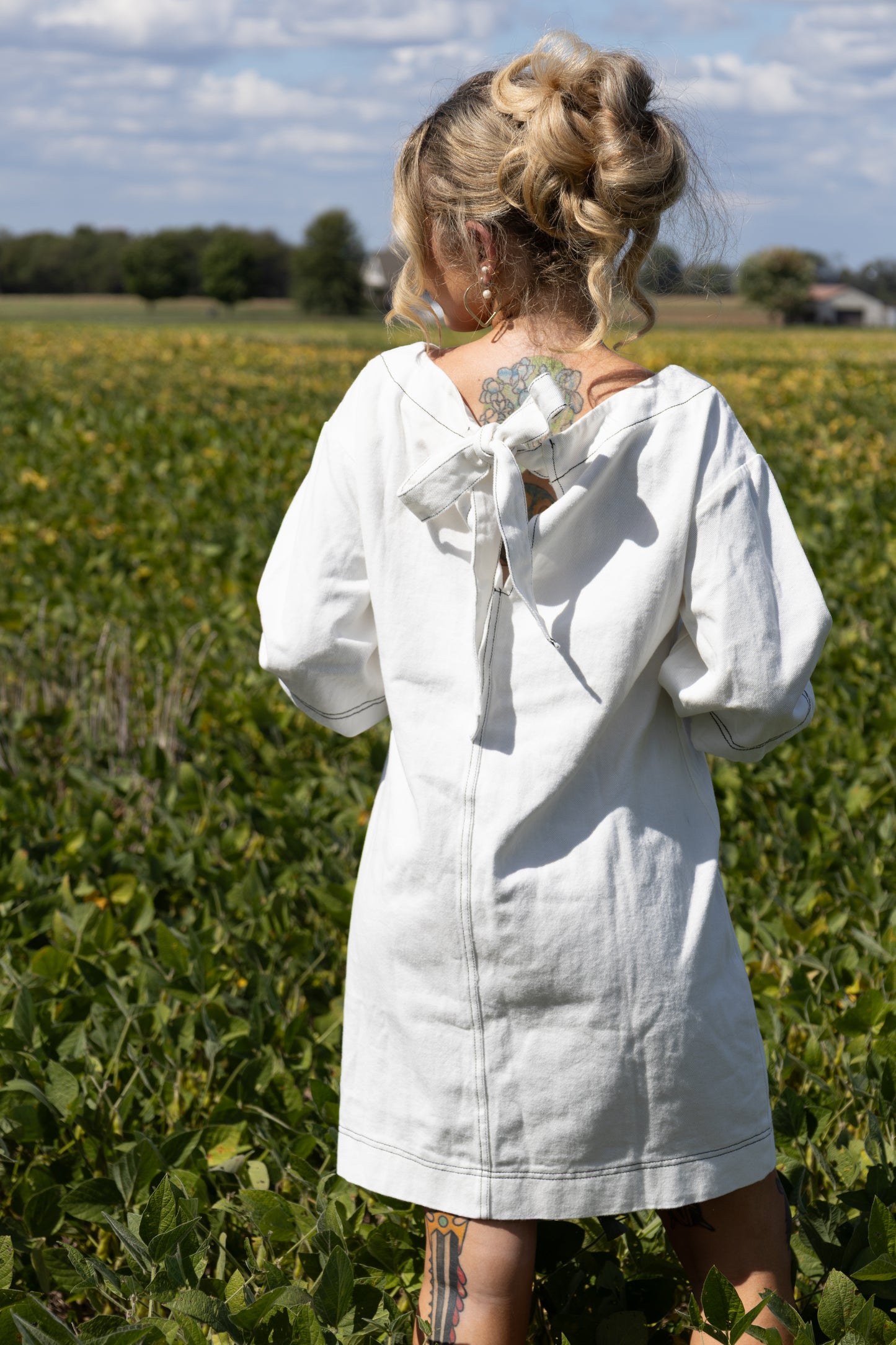 DENIM MINI DRESS WITH BOAT SLEEVES AND PUFF SLEEVES