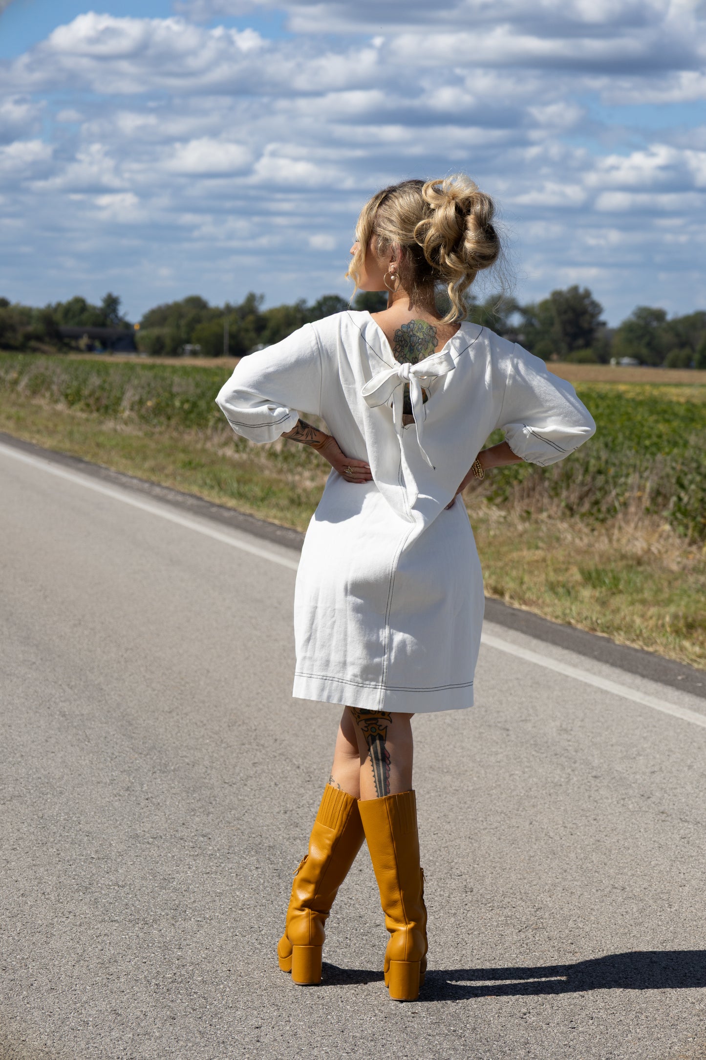 DENIM MINI DRESS WITH BOAT SLEEVES AND PUFF SLEEVES