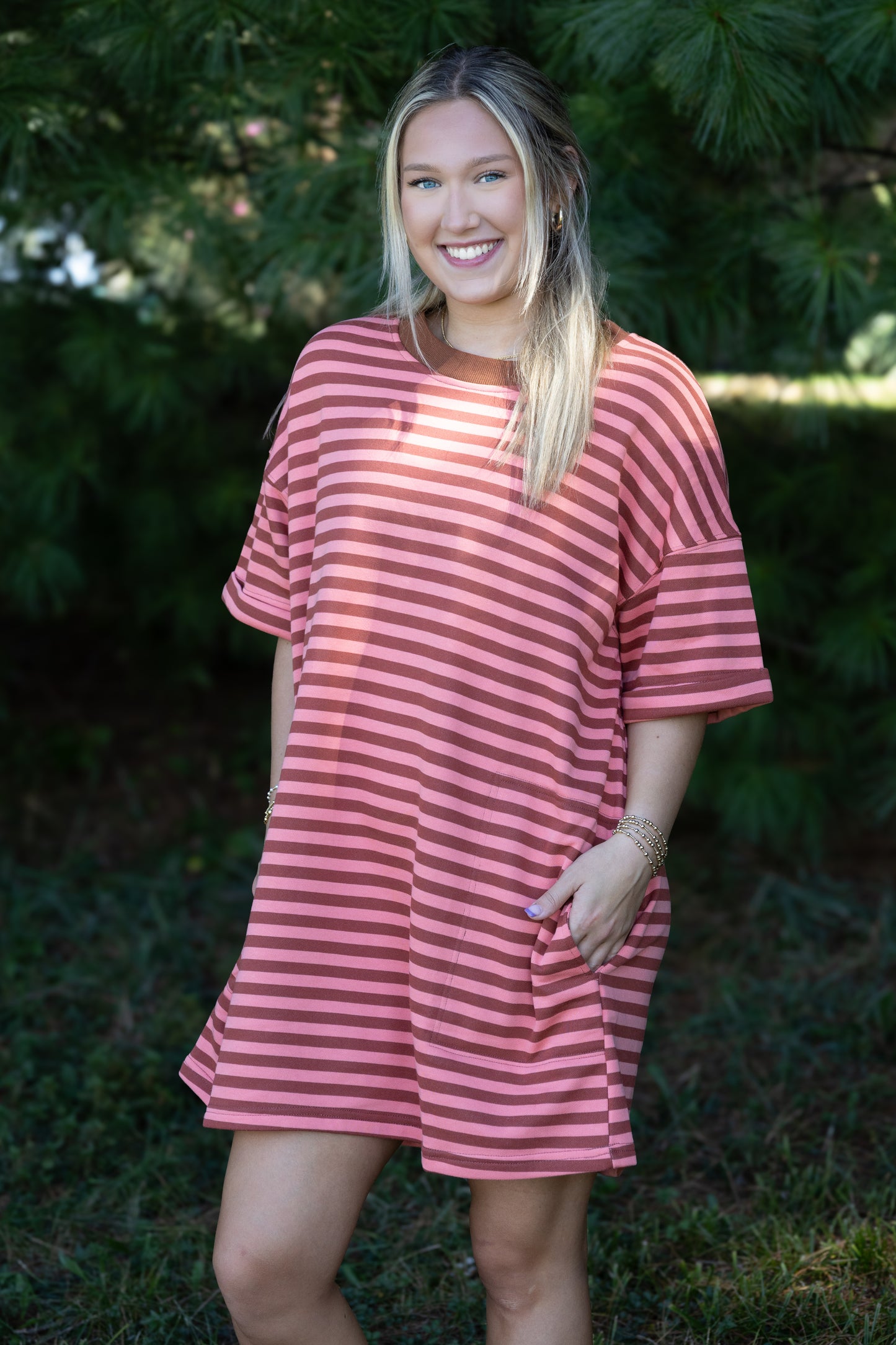 Veveret - Stripe Knit Pullover Oversized Tee Dress