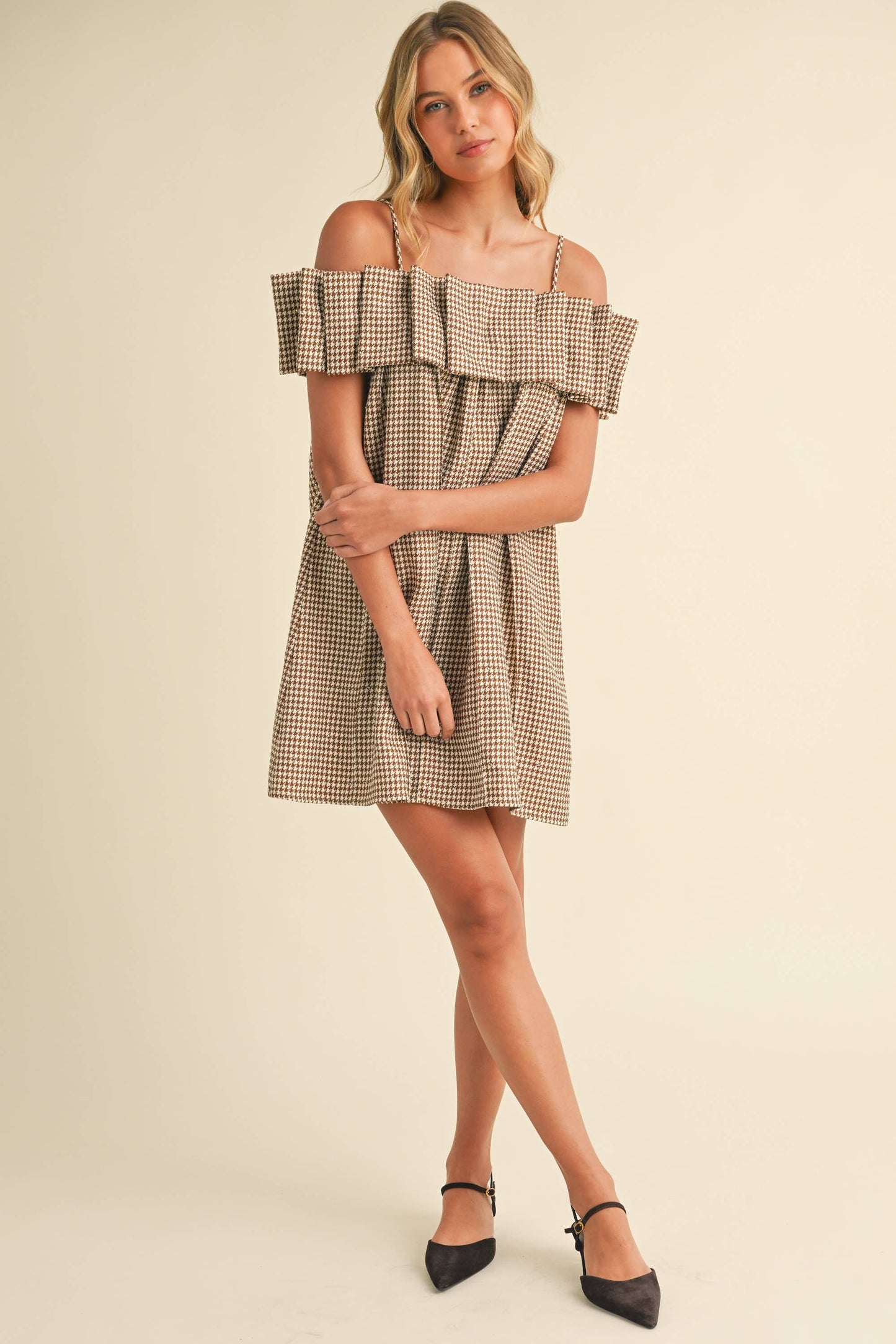 Klesis -SEQUINS HOUNDSTOOTH PLEATED OFF SHOULDER DRESS