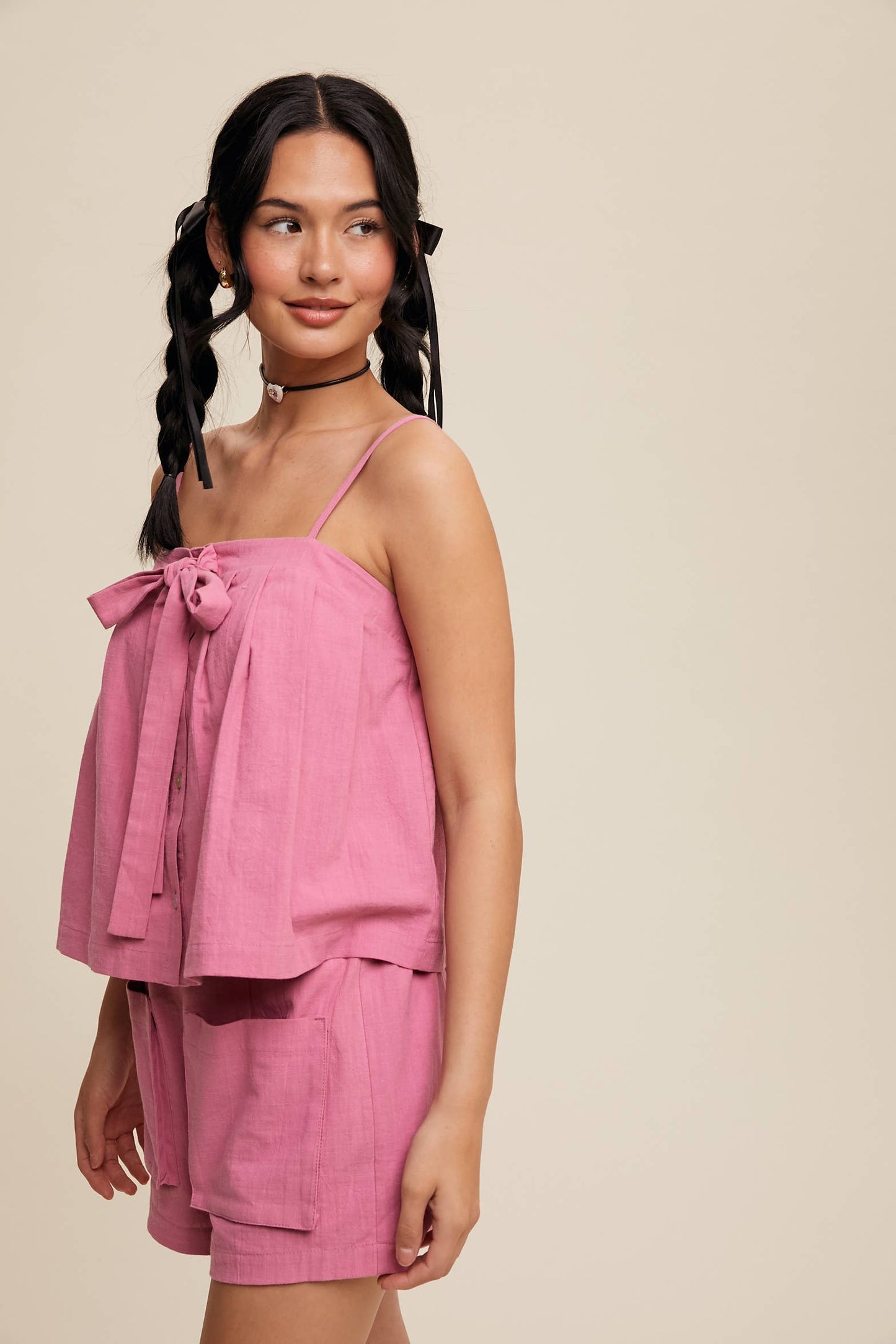 Listicle - Bow-Tie Spaghetti Strap Top and Pocket Shorts Set