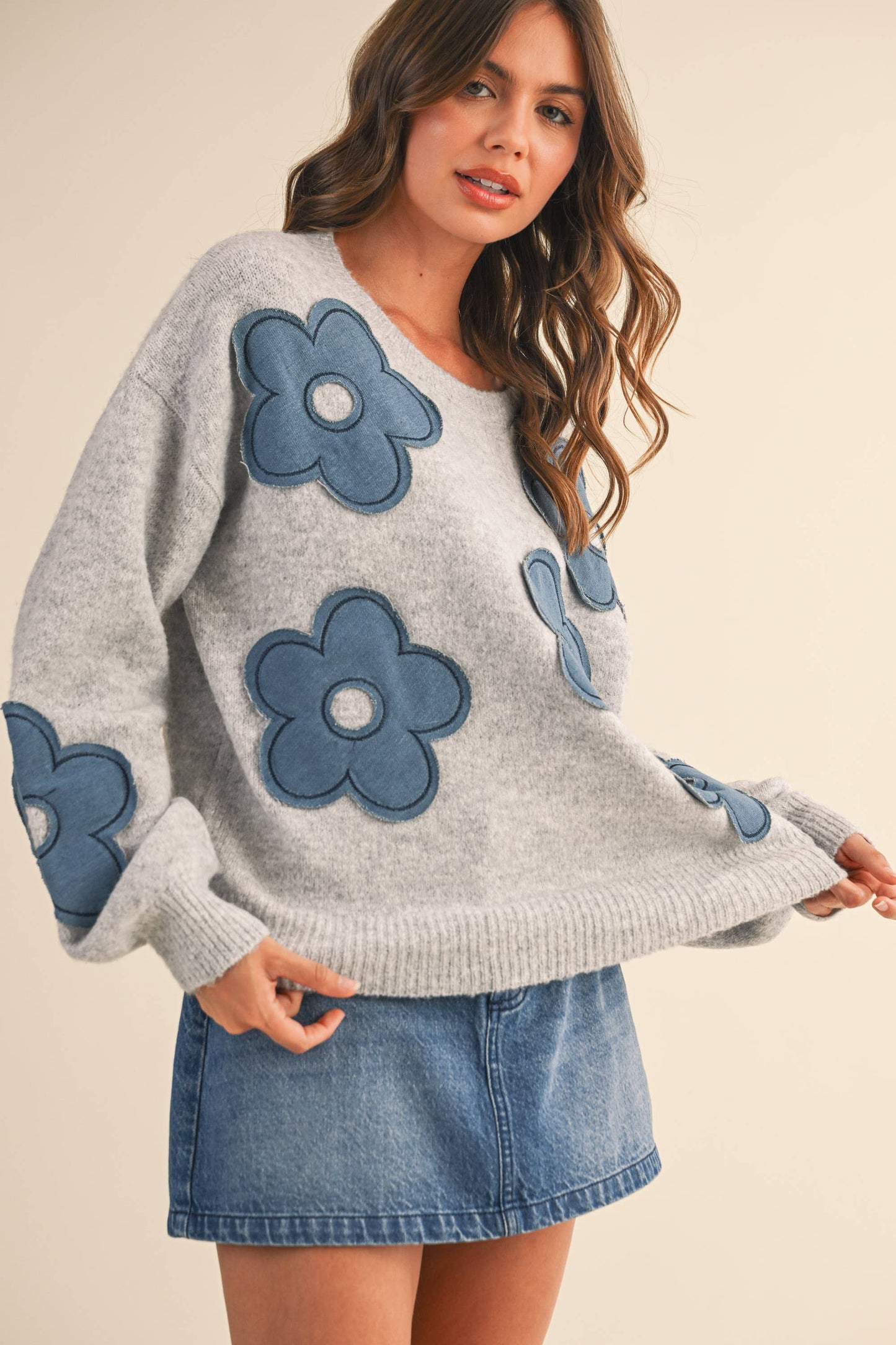 Klesis - DENIM FLORAL CONTRAST KNIT SWEATER TOP