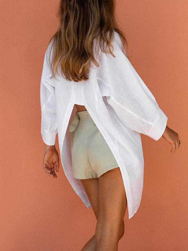 Casual Split-Front Solid Notched Collar Long Sleeve Blouse